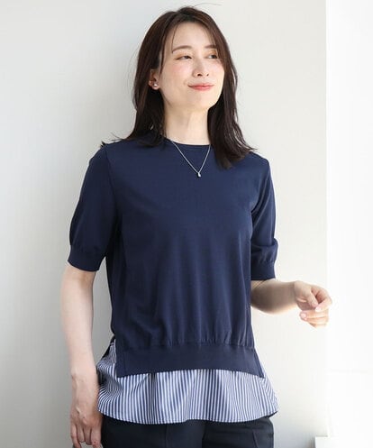 FIFJD29080 OFUON le MK レイヤード風ストライプ切替ニットプルオーバー/UVカット/接触冷感/洗える/WEB限定サイズあり