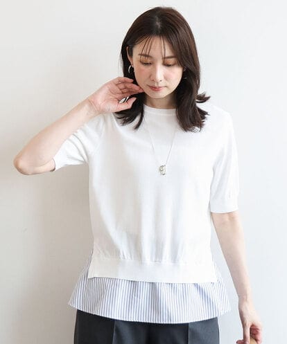 FIFJD29080 OFUON le MK レイヤード風ストライプ切替ニットプルオーバー/UVカット/接触冷感/洗える/WEB限定サイズあり
