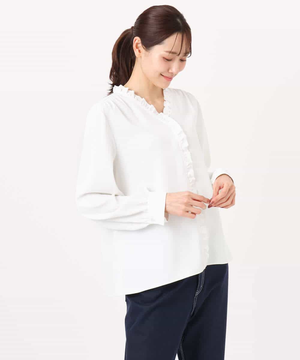 FKBGD32150 MK MICHEL KLEIN(MK ミッシェルクラン) [洗える]Vネックミニフリルブラウス ライトブルー