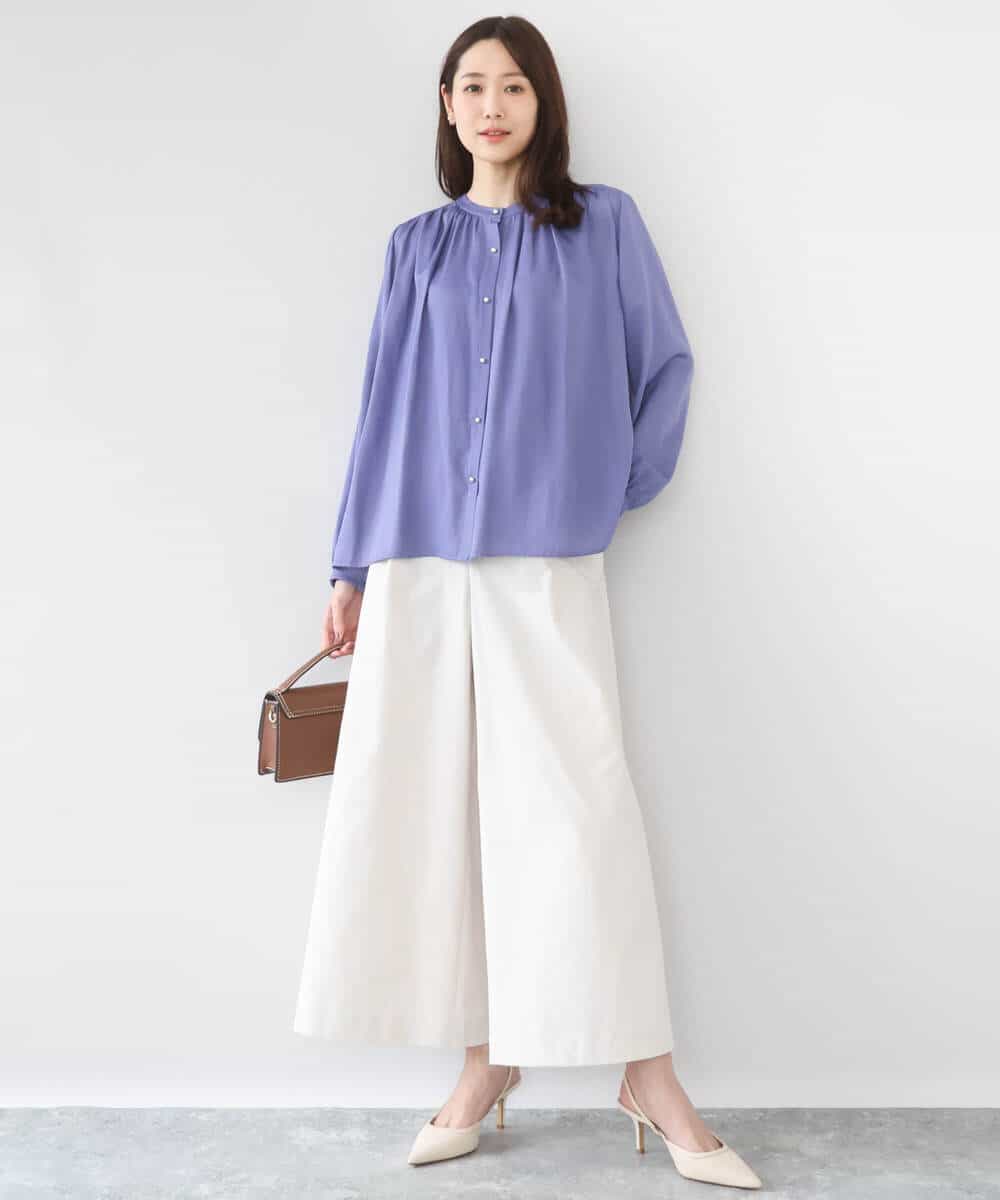 FKBGD35140 MK MICHEL KLEIN(MK ミッシェルクラン) [瞬美シリーズ/UVカット/接触冷感/洗える]バンドカラーサテンブラウス ベージュ