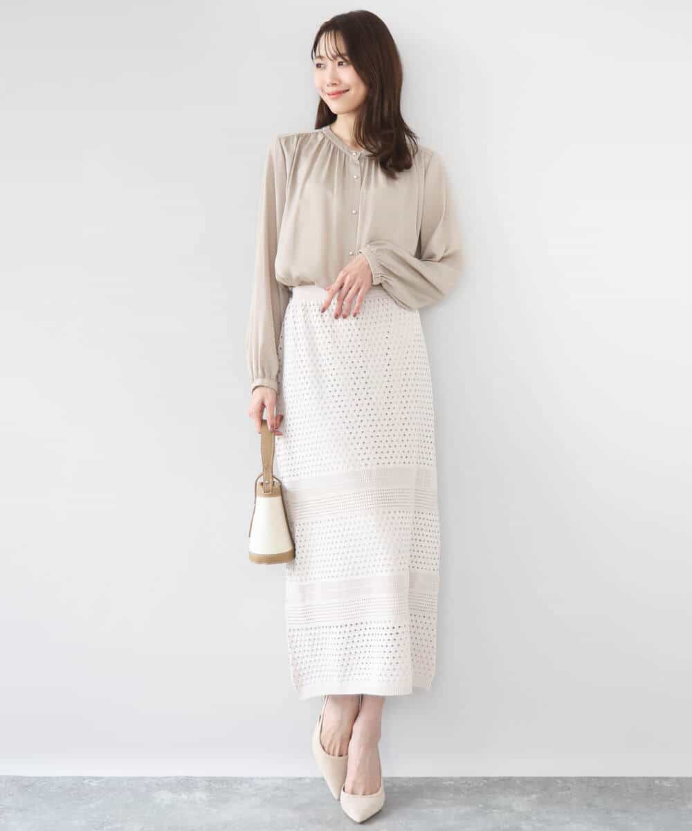 FKBGD35140 MK MICHEL KLEIN(MK ミッシェルクラン) [瞬美シリーズ/UVカット/接触冷感/洗える]バンドカラーサテンブラウス ベージュ