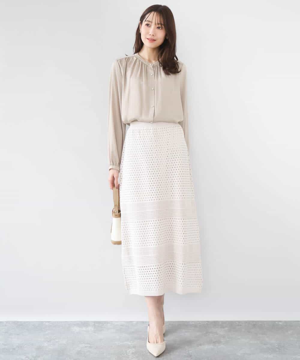 FKBGD35140 MK MICHEL KLEIN(MK ミッシェルクラン) [瞬美シリーズ/UVカット/接触冷感/洗える]バンドカラーサテンブラウス ベージュ