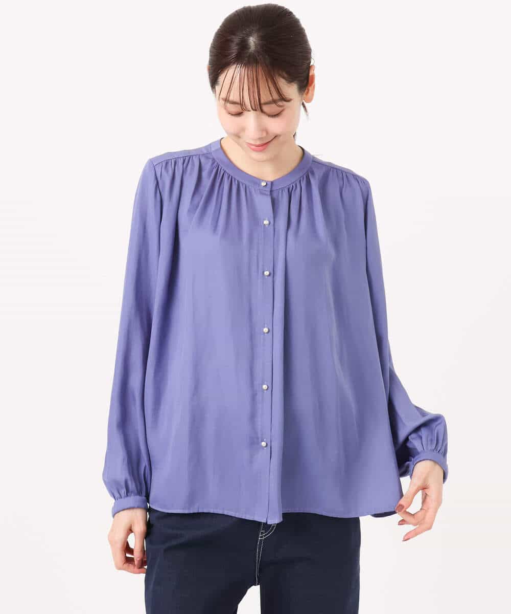 FKBGD35140 MK MICHEL KLEIN(MK ミッシェルクラン) [瞬美シリーズ/UVカット/接触冷感/洗える]バンドカラーサテンブラウス ベージュ