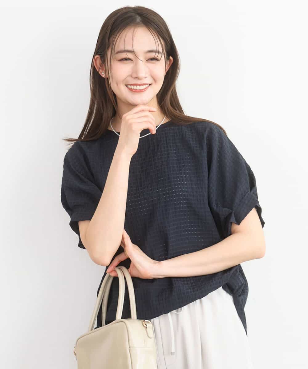 FKBGD45160 MK MICHEL KLEIN(MK ミッシェルクラン) [洗える]シアーチェック柄タックスリーブブラウス ネイビー