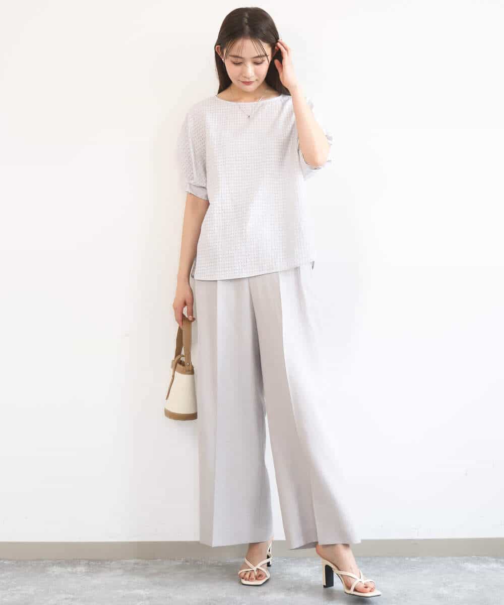 FKBGD45160 MK MICHEL KLEIN(MK ミッシェルクラン) [洗える]シアーチェック柄タックスリーブブラウス ライトグレー