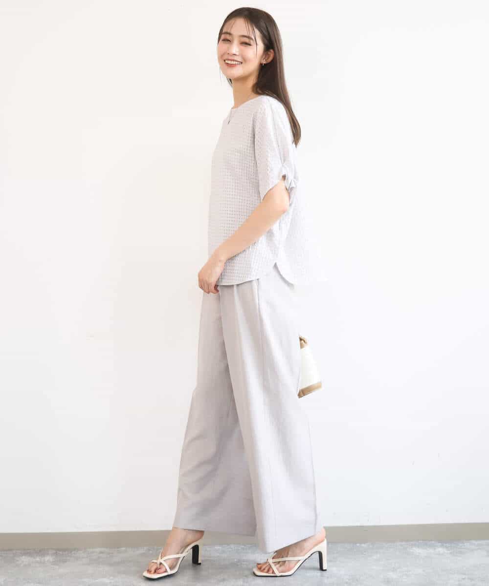 FKBGD45160 MK MICHEL KLEIN(MK ミッシェルクラン) [洗える]シアーチェック柄タックスリーブブラウス ライトグレー