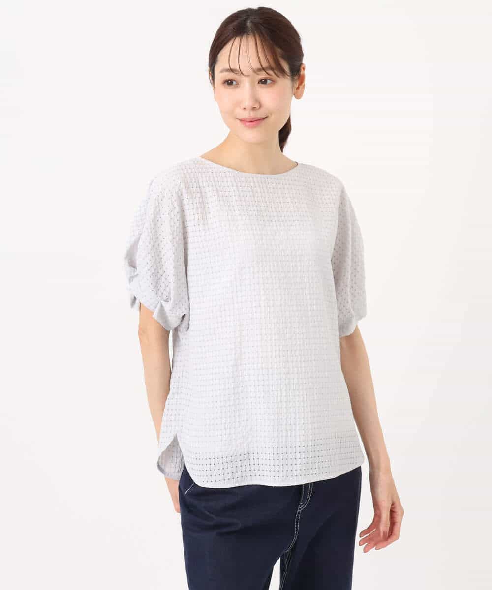 FKBGD45160 MK MICHEL KLEIN(MK ミッシェルクラン) [洗える]シアーチェック柄タックスリーブブラウス ライトグレー