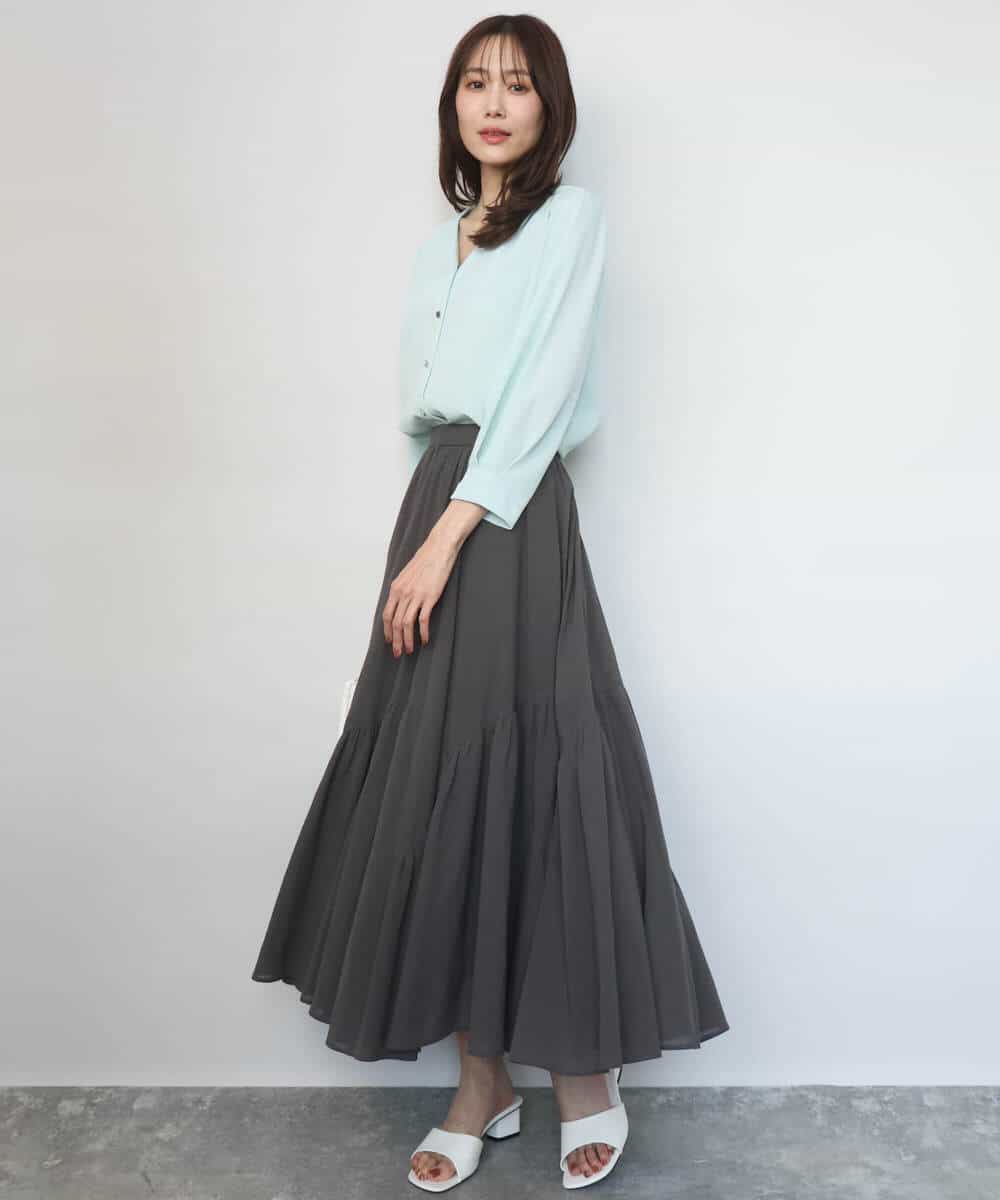 FKBGD46140 MK MICHEL KLEIN(MK ミッシェルクラン) [洗える]Vネックサテンブラウス ミントブルー