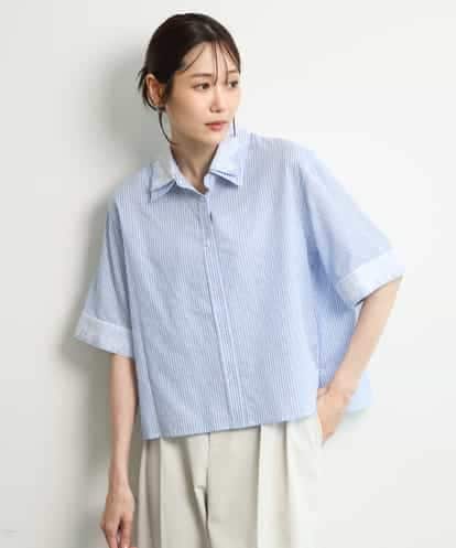 FKBGD50160 MK MICHEL KLEIN [洗える]ストライプレース五分袖シャツブラウス