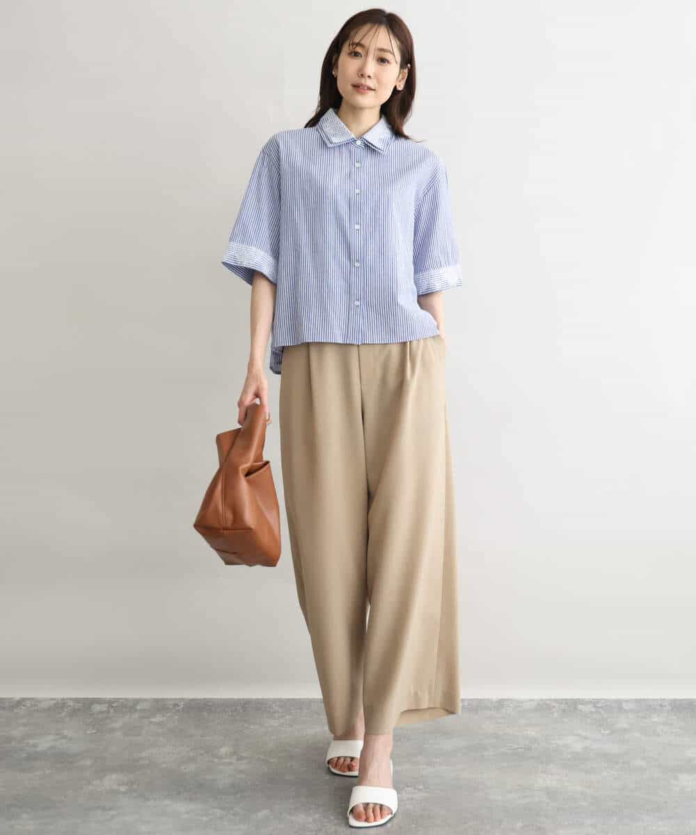 FKBGD50160 MK MICHEL KLEIN(MK ミッシェルクラン) [洗える]ストライプレース五分袖シャツブラウス ブルー