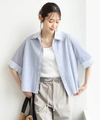 FKBGD50160 MK MICHEL KLEIN [洗える]ストライプレース五分袖シャツブラウス
