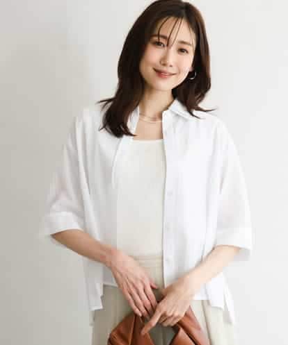 FKBGD50160 MK MICHEL KLEIN [洗える]ストライプレース五分袖シャツブラウス