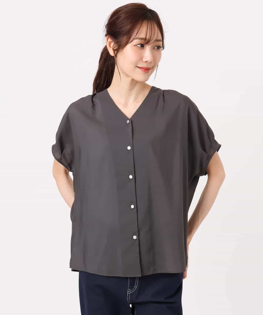 FKBGD58140 MK MICHEL KLEIN(MK ミッシェルクラン) [瞬美シリーズ/洗える]Vネックタックスリーブブラウス ダークグレー