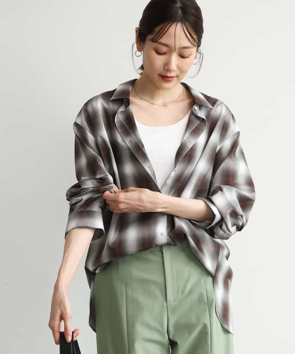FKBJD31170 MK MICHEL KLEIN(MK ミッシェルクラン) [洗える]オンブレチェック柄シャツブラウス ブラウン
