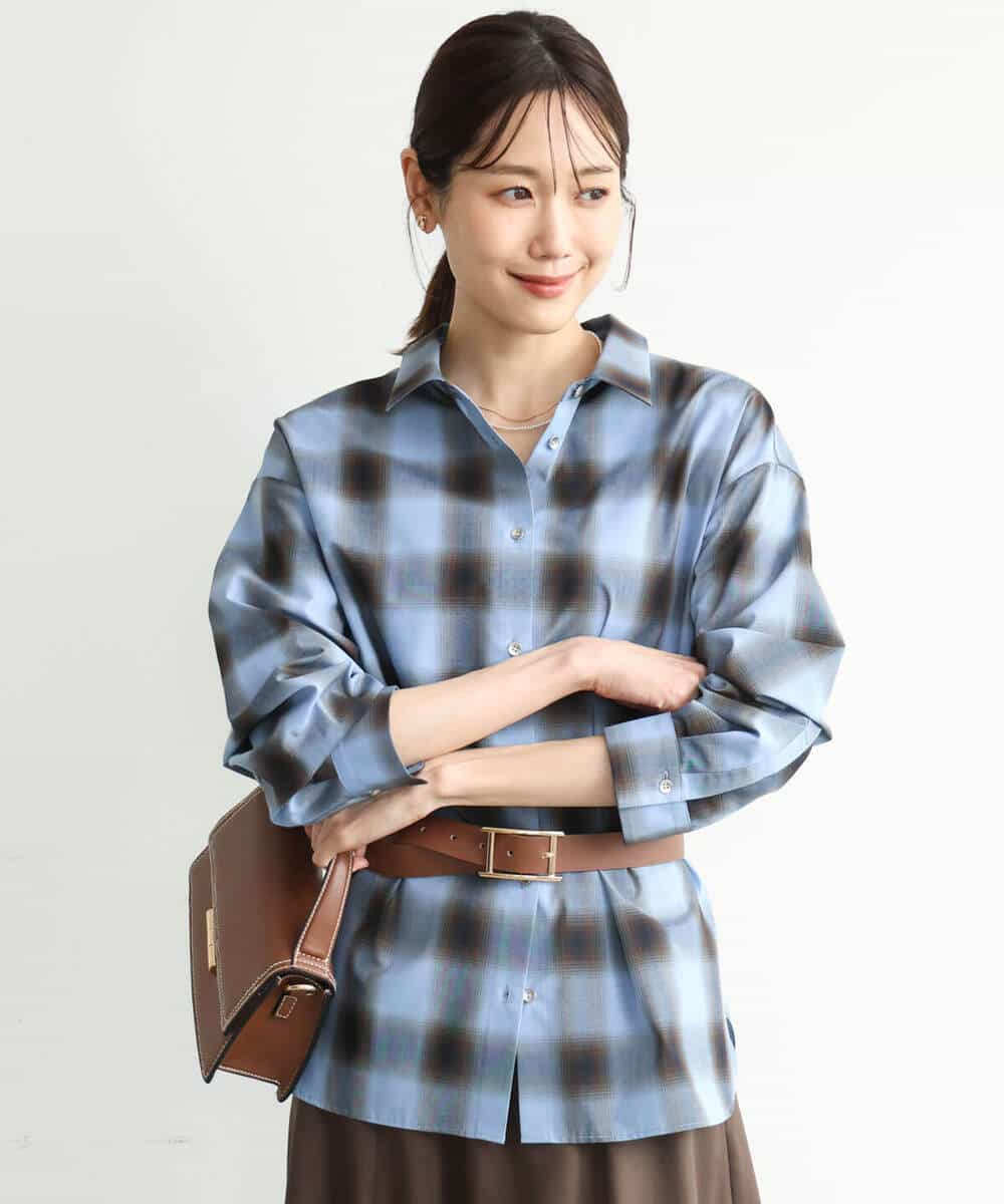 FKBJD31170 MK MICHEL KLEIN(MK ミッシェルクラン) [洗える]オンブレチェック柄シャツブラウス ブラウン