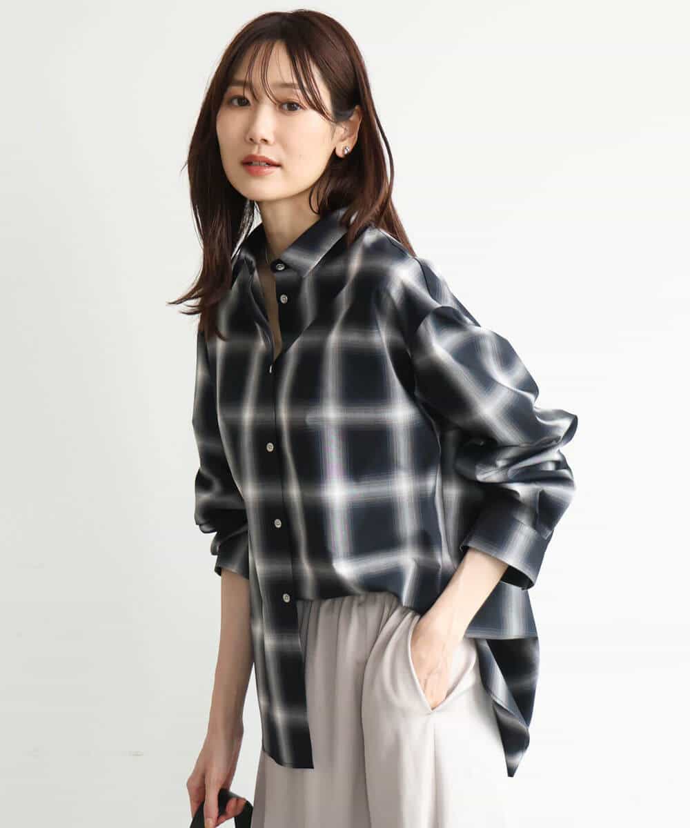 FKBJD31170 MK MICHEL KLEIN(MK ミッシェルクラン) [洗える]オンブレチェック柄シャツブラウス ブラウン
