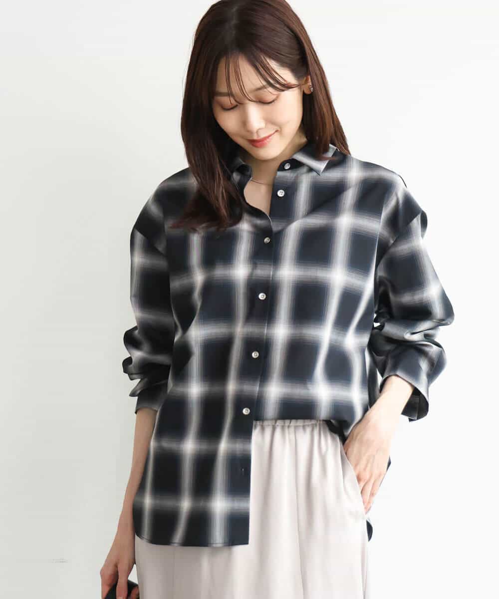 FKBJD31170 MK MICHEL KLEIN(MK ミッシェルクラン) [洗える]オンブレチェック柄シャツブラウス ブラウン