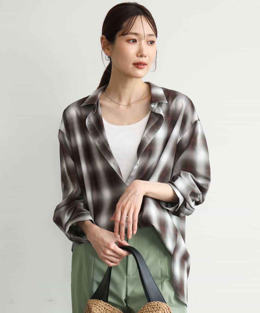 FKBJD31170 MK MICHEL KLEIN(MK ミッシェルクラン) [洗える]オンブレチェック柄シャツブラウス ブラウン