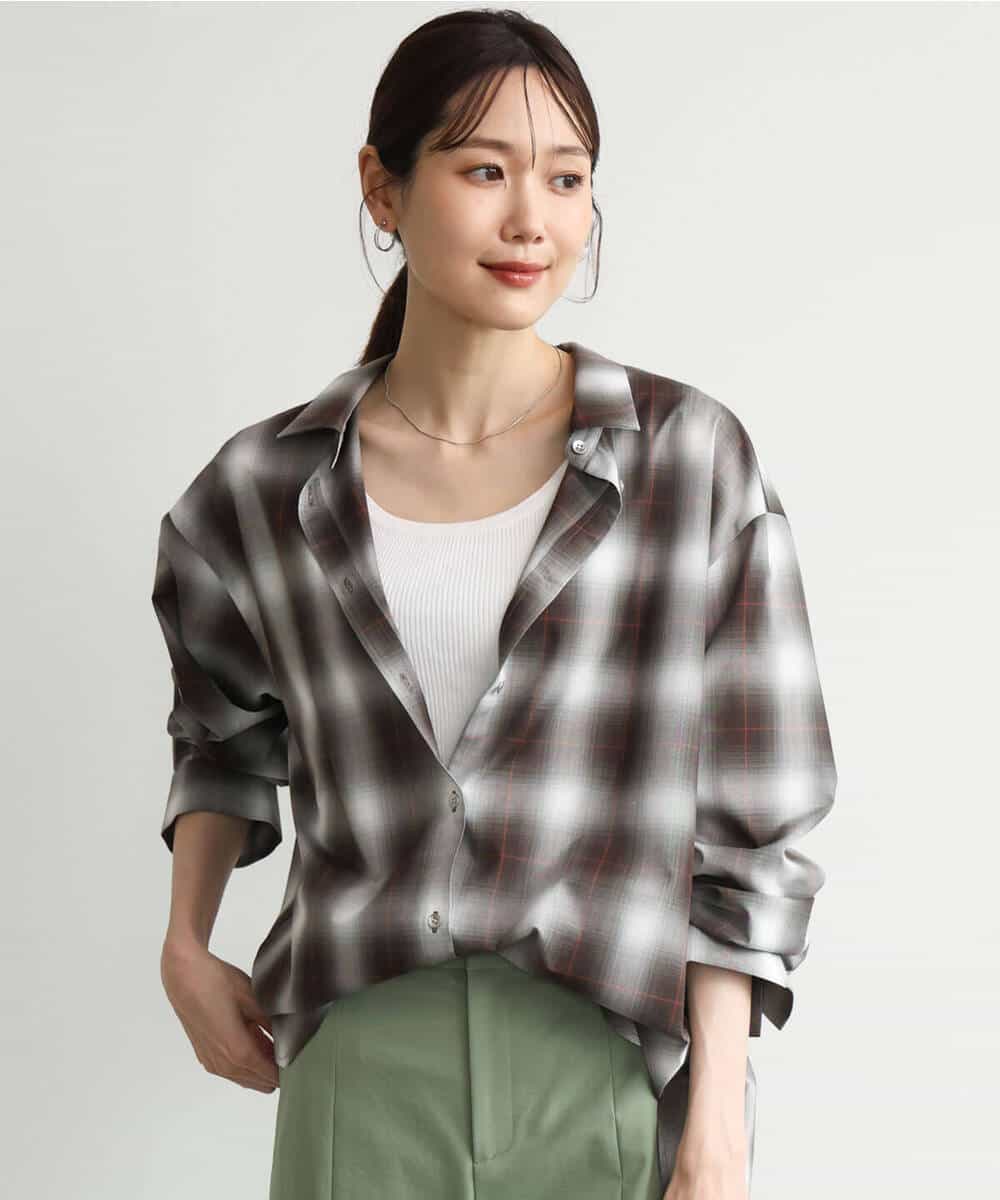 FKBJD31170 MK MICHEL KLEIN(MK ミッシェルクラン) [洗える]オンブレチェック柄シャツブラウス ブラウン