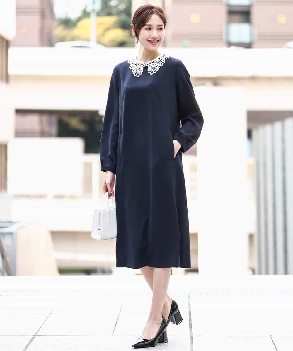 FKEFD13230 MK MICHEL KLEIN(MK ミッシェルクラン) [防シワ/洗える]レース衿付きサックワンピース ネイビー