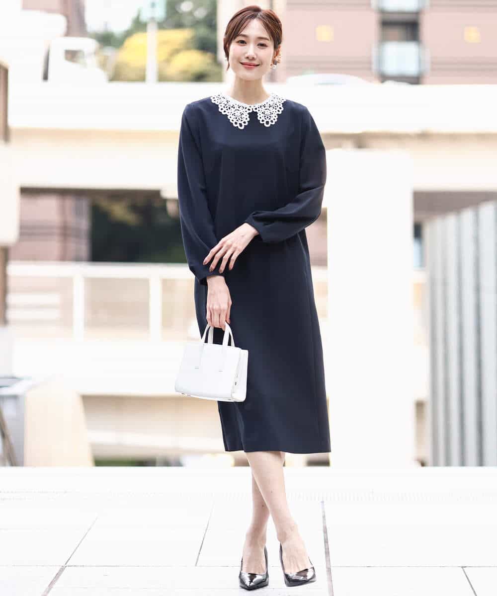 FKEFD13230 MK MICHEL KLEIN(MK ミッシェルクラン) [防シワ/洗える]レース衿付きサックワンピース ネイビー