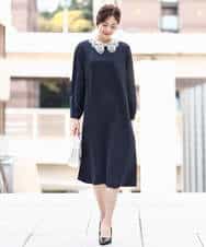 FKEFD13230 MK MICHEL KLEIN(MK ミッシェルクラン) [防シワ/洗える]レース衿付きサックワンピース ネイビー