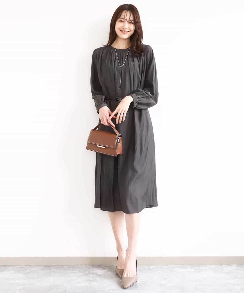 FKEGD26210 MK MICHEL KLEIN(MK ミッシェルクラン) [洗える]サテンギャザーワンピース ダークグレー
