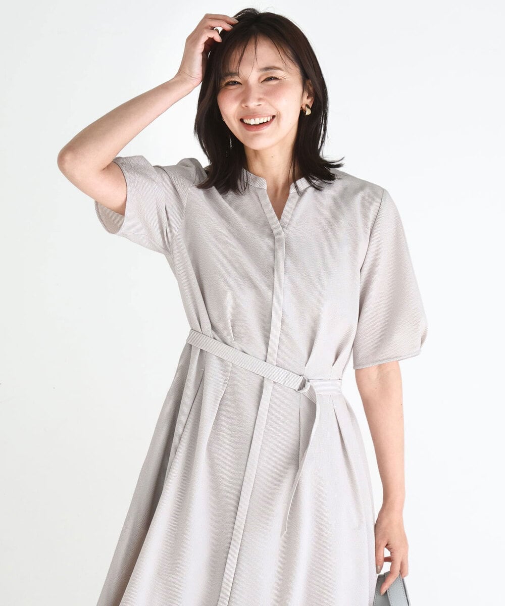 FKEGD38210 MK MICHEL KLEIN(MK ミッシェルクラン) [洗える]サッカーストライプ ウエストタックワンピース ベージュ