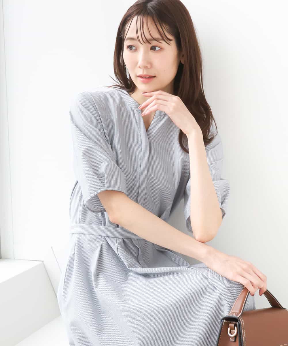 FKEGD38210 MK MICHEL KLEIN(MK ミッシェルクラン) [洗える]サッカーストライプ ウエストタックワンピース ネイビー