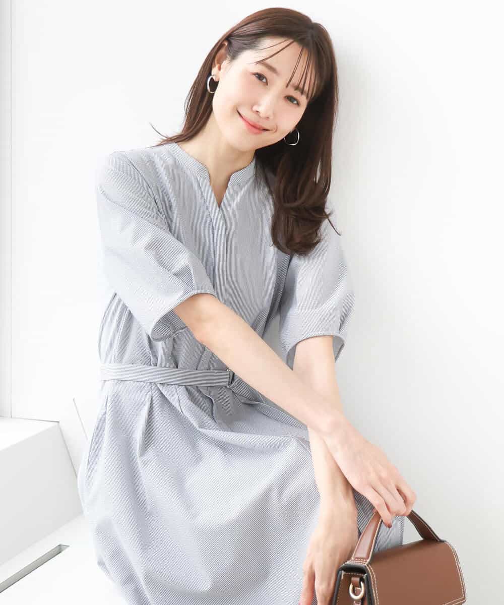 FKEGD38210 MK MICHEL KLEIN(MK ミッシェルクラン) [洗える]サッカーストライプ ウエストタックワンピース ネイビー