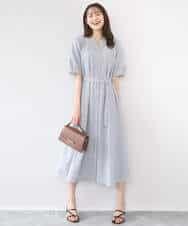 FKEGD38210 MK MICHEL KLEIN(MK ミッシェルクラン) [洗える]サッカーストライプ ウエストタックワンピース ネイビー
