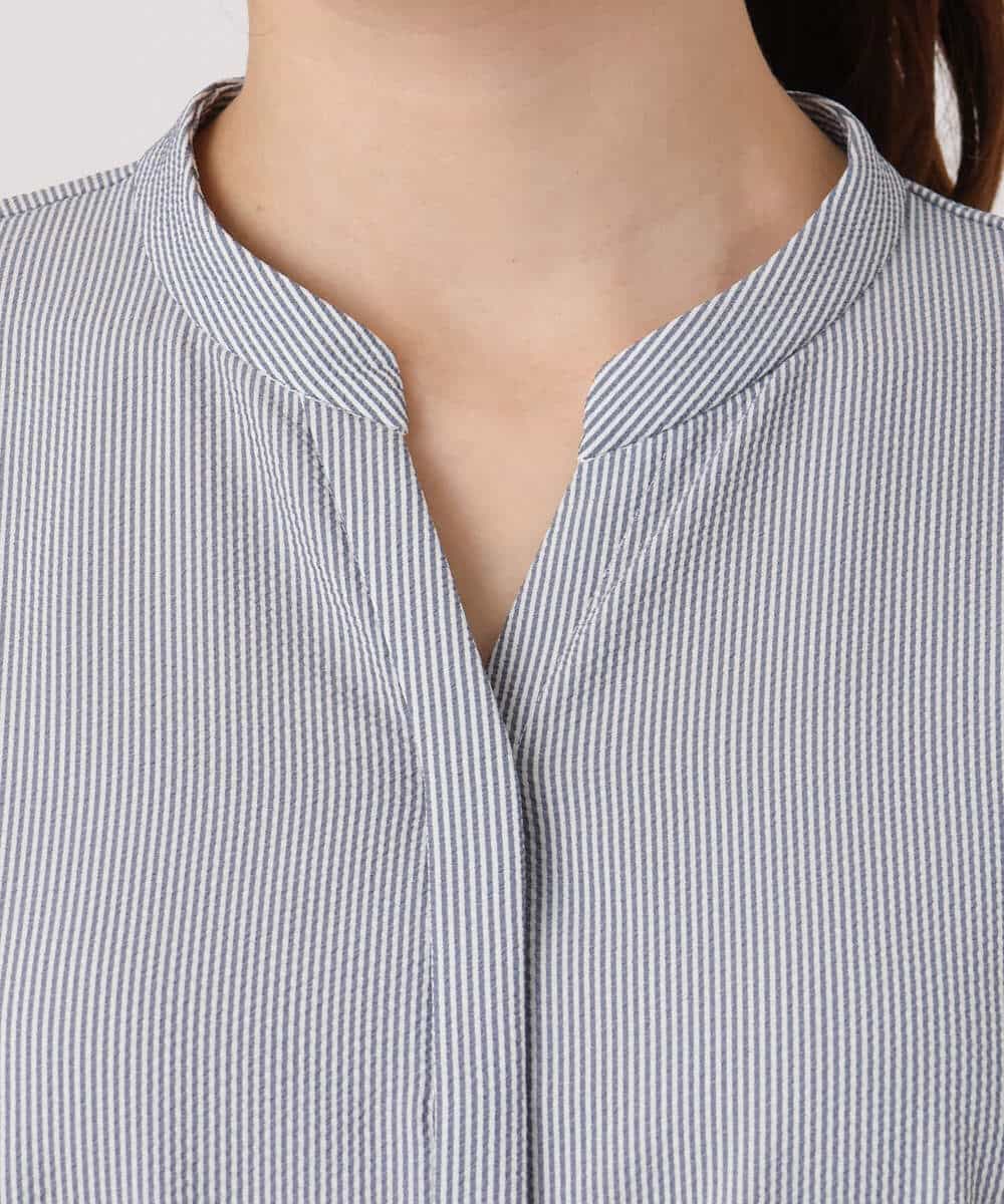 FKEGD38210 MK MICHEL KLEIN(MK ミッシェルクラン) [洗える]サッカーストライプ ウエストタックワンピース ネイビー