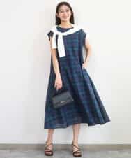FKEGD46230 MK MICHEL KLEIN(MK ミッシェルクラン) [洗える]オーガンジーチェック柄フレアシルエットワンピース ネイビー