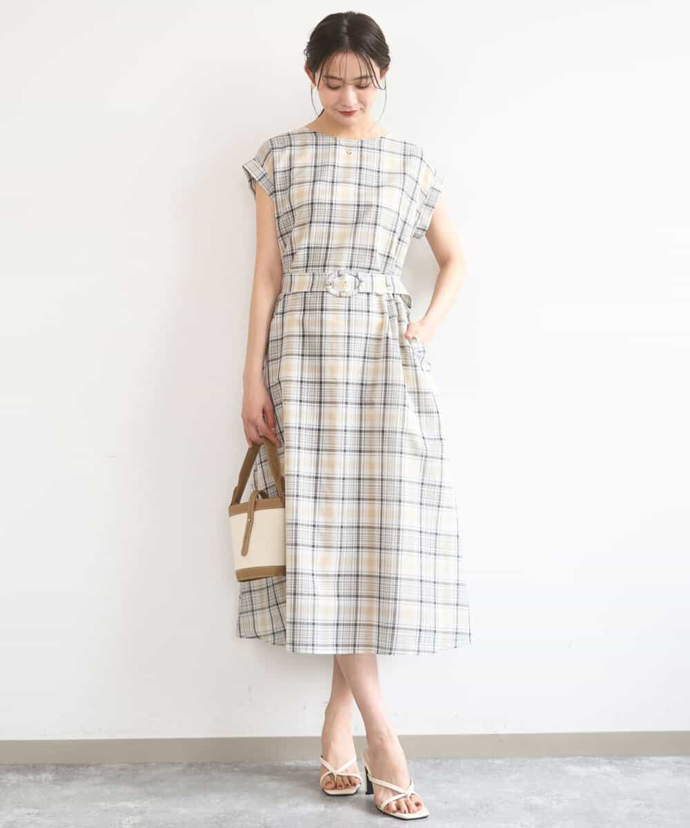 FKEGD46230 MK MICHEL KLEIN(MK ミッシェルクラン) [洗える]オーガンジーチェック柄フレアシルエットワンピース ベージュ