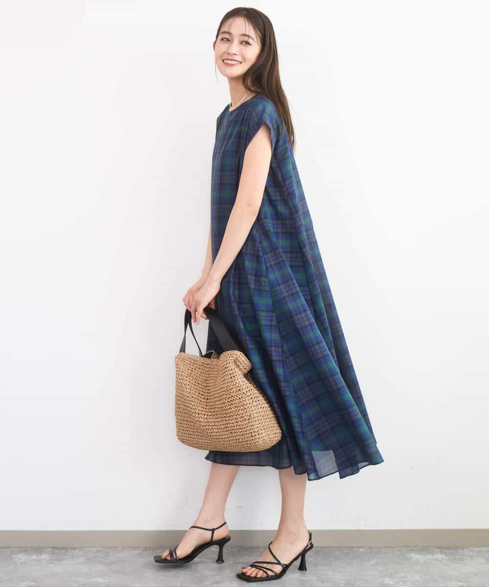 FKEGD46230 MK MICHEL KLEIN(MK ミッシェルクラン) [洗える]オーガンジーチェック柄フレアシルエットワンピース ベージュ