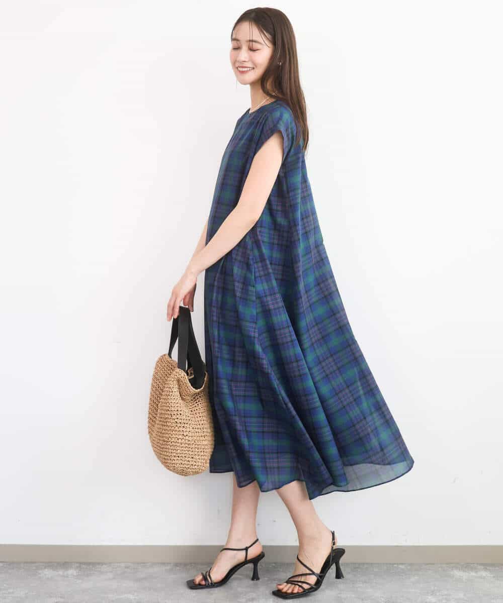 FKEGD46230 MK MICHEL KLEIN(MK ミッシェルクラン) [洗える]オーガンジーチェック柄フレアシルエットワンピース ベージュ