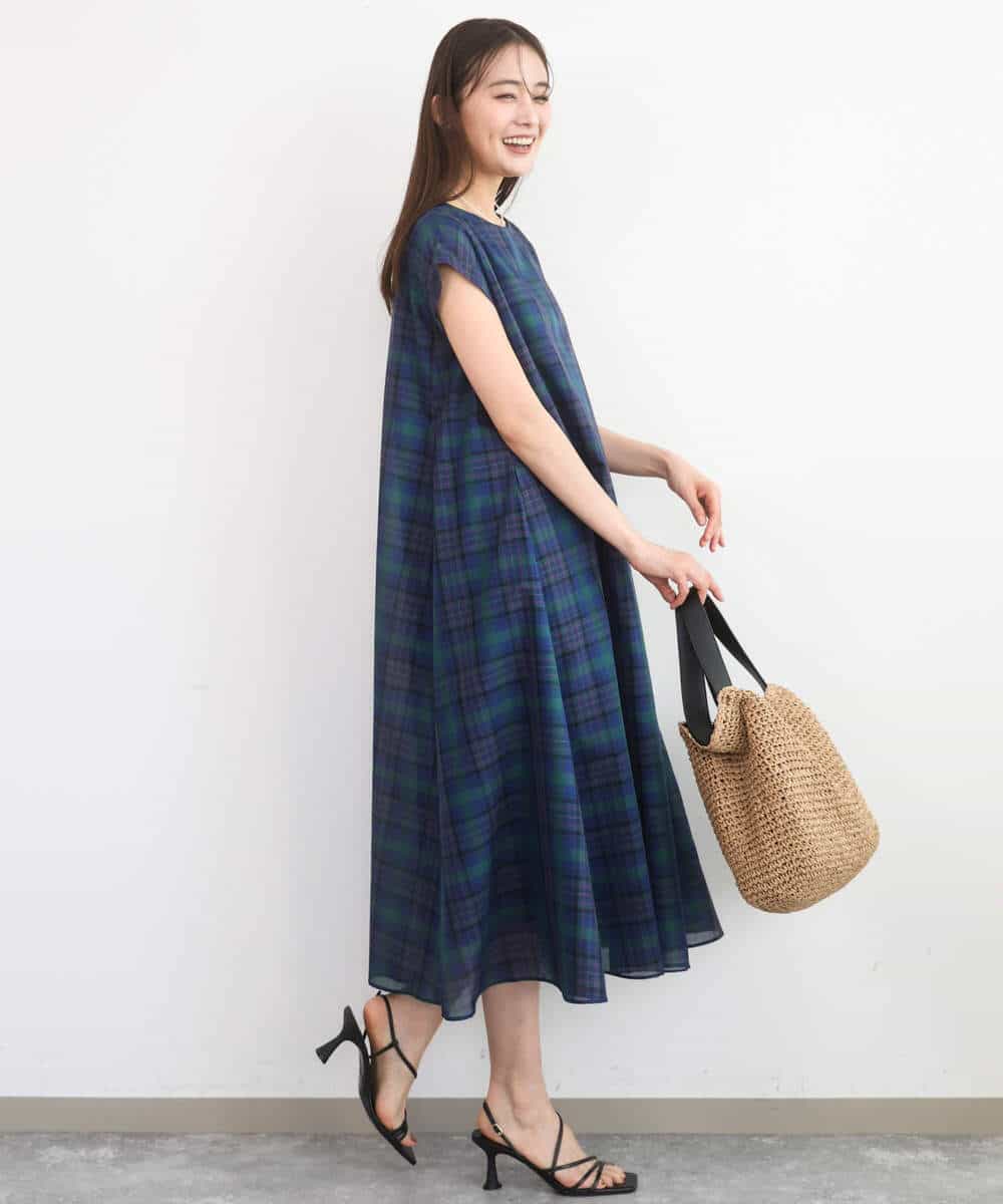 FKEGD46230 MK MICHEL KLEIN(MK ミッシェルクラン) [洗える]オーガンジーチェック柄フレアシルエットワンピース ベージュ