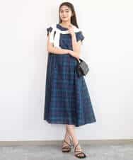 FKEGD46230 MK MICHEL KLEIN(MK ミッシェルクラン) [洗える]オーガンジーチェック柄フレアシルエットワンピース ベージュ