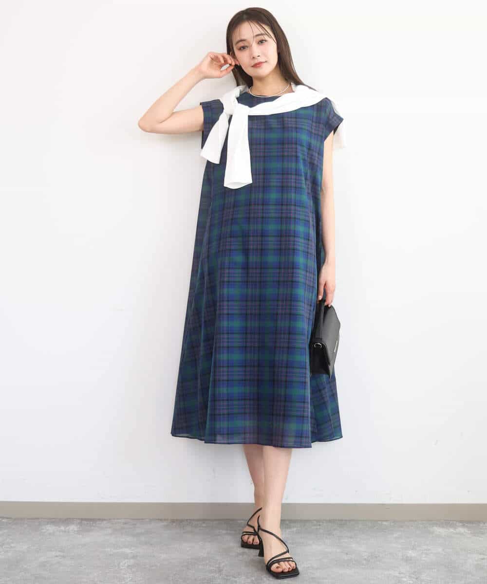FKEGD46230 MK MICHEL KLEIN(MK ミッシェルクラン) [洗える]オーガンジーチェック柄フレアシルエットワンピース ベージュ