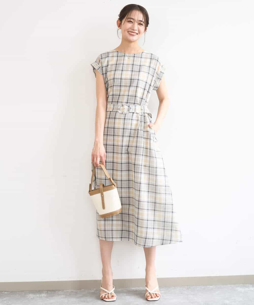 FKEGD46230 MK MICHEL KLEIN(MK ミッシェルクラン) [洗える]オーガンジーチェック柄フレアシルエットワンピース ベージュ