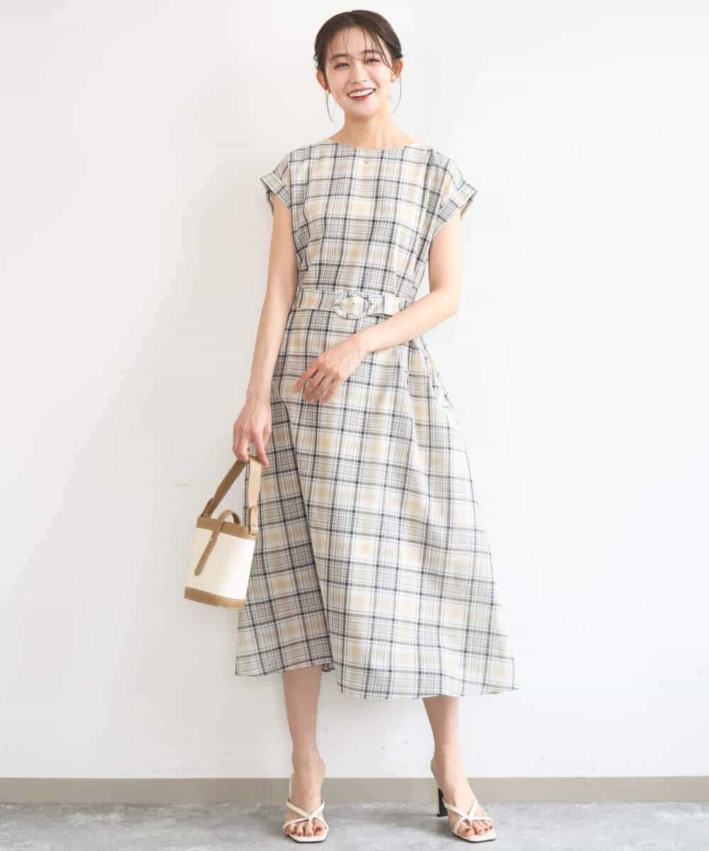 FKEGD46230 MK MICHEL KLEIN(MK ミッシェルクラン) [洗える]オーガンジーチェック柄フレアシルエットワンピース ベージュ