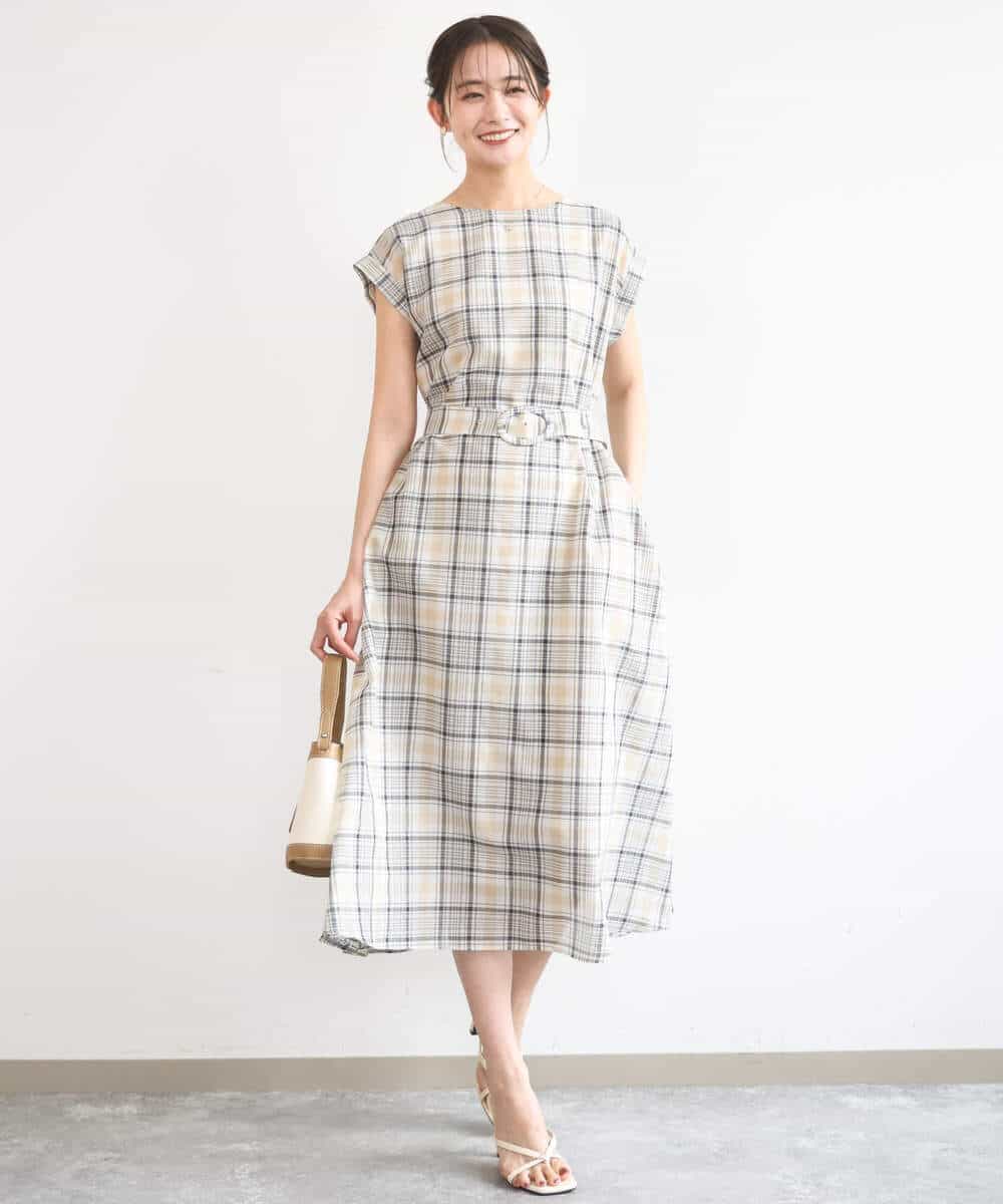 FKEGD46230 MK MICHEL KLEIN(MK ミッシェルクラン) [洗える]オーガンジーチェック柄フレアシルエットワンピース ベージュ
