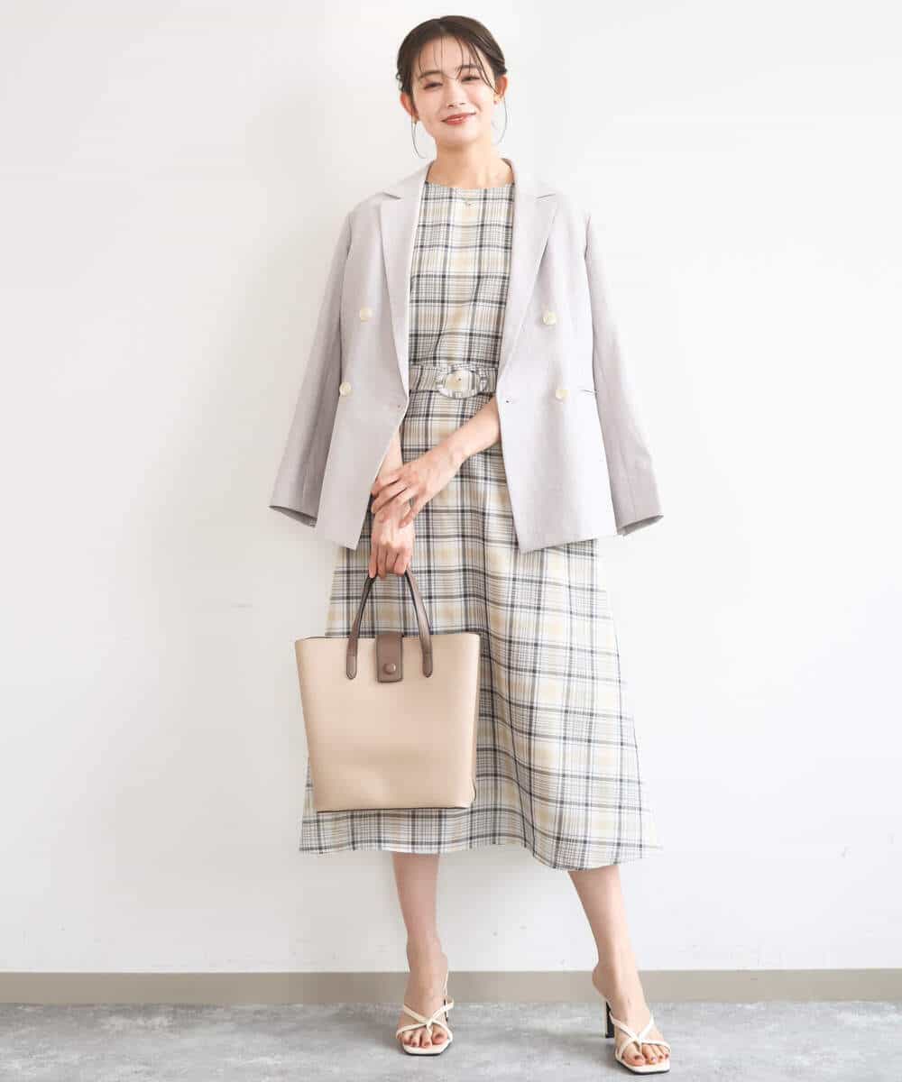 FKEGD46230 MK MICHEL KLEIN(MK ミッシェルクラン) [洗える]オーガンジーチェック柄フレアシルエットワンピース ベージュ