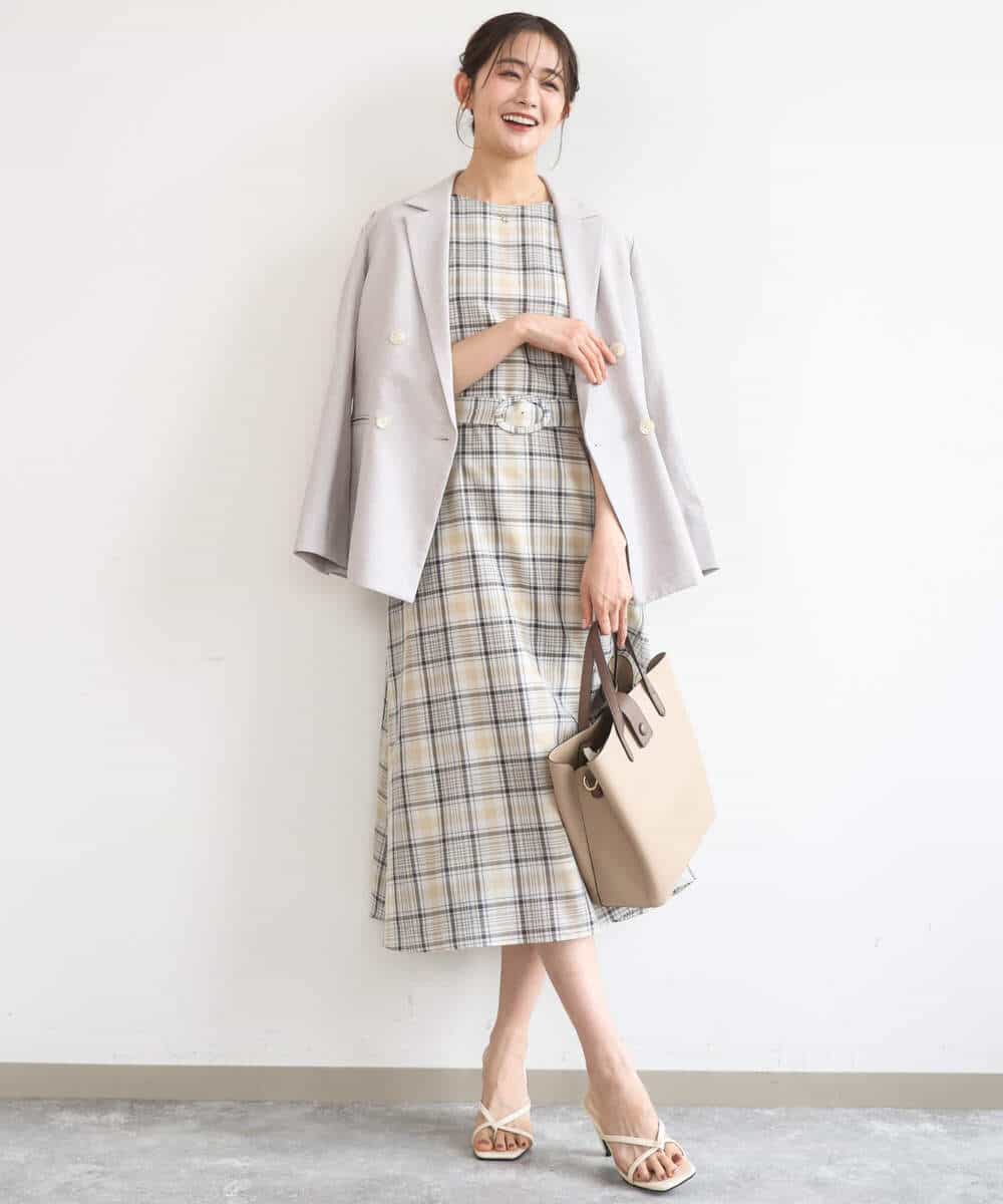 FKEGD46230 MK MICHEL KLEIN(MK ミッシェルクラン) [洗える]オーガンジーチェック柄フレアシルエットワンピース ベージュ