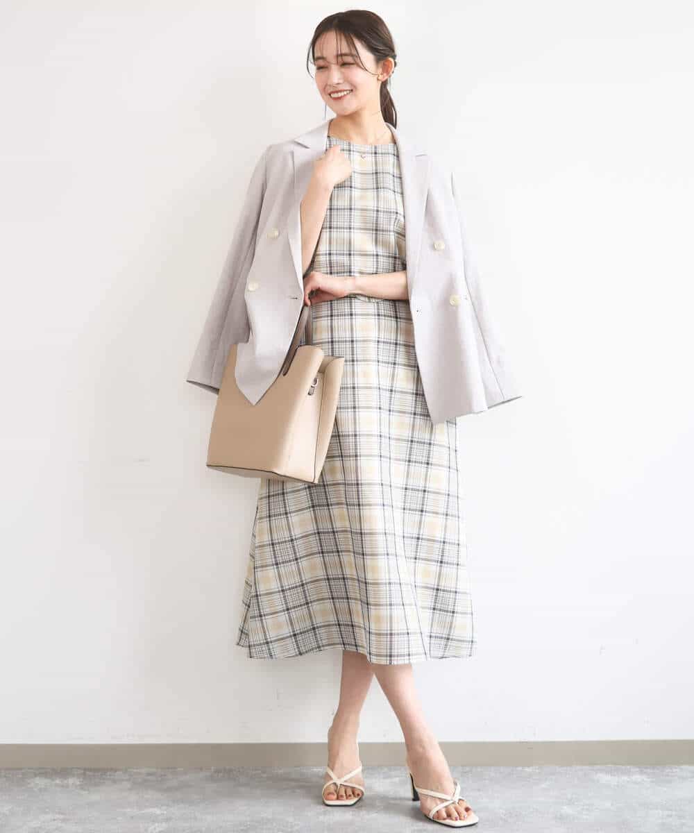 FKEGD46230 MK MICHEL KLEIN(MK ミッシェルクラン) [洗える]オーガンジーチェック柄フレアシルエットワンピース ベージュ