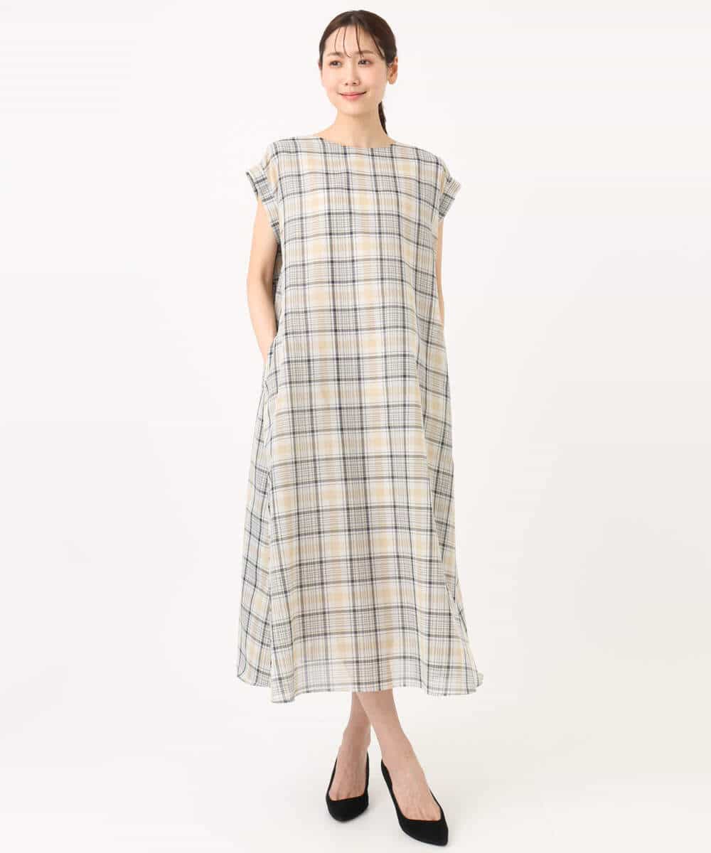 FKEGD46230 MK MICHEL KLEIN(MK ミッシェルクラン) [洗える]オーガンジーチェック柄フレアシルエットワンピース ベージュ