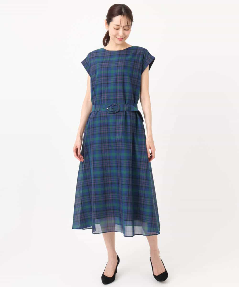 FKEGD46230 MK MICHEL KLEIN(MK ミッシェルクラン) [洗える]オーガンジーチェック柄フレアシルエットワンピース ベージュ