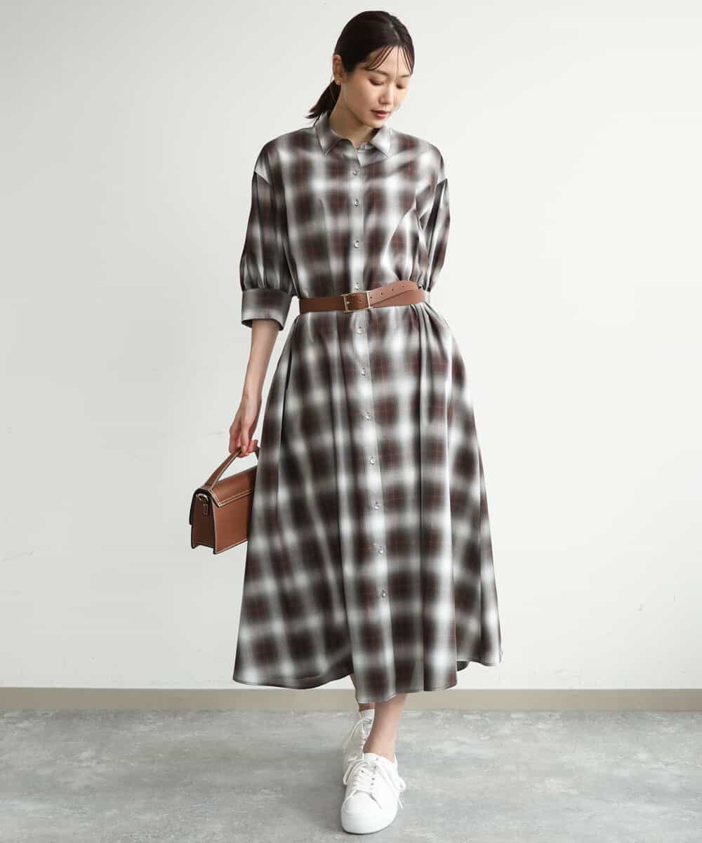 FKEJD31260 MK MICHEL KLEIN(MK ミッシェルクラン) [洗える]オンブレチェック柄シャツワンピース ブラウン