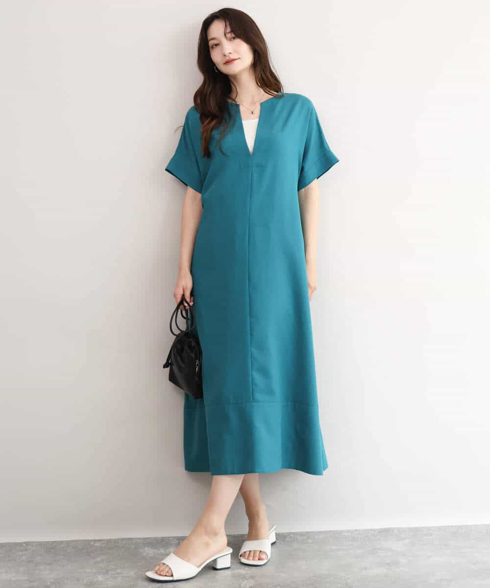 FKEJD70230 MK MICHEL KLEIN(MK ミッシェルクラン) [洗える]深V開きサックワンピース ベージュ