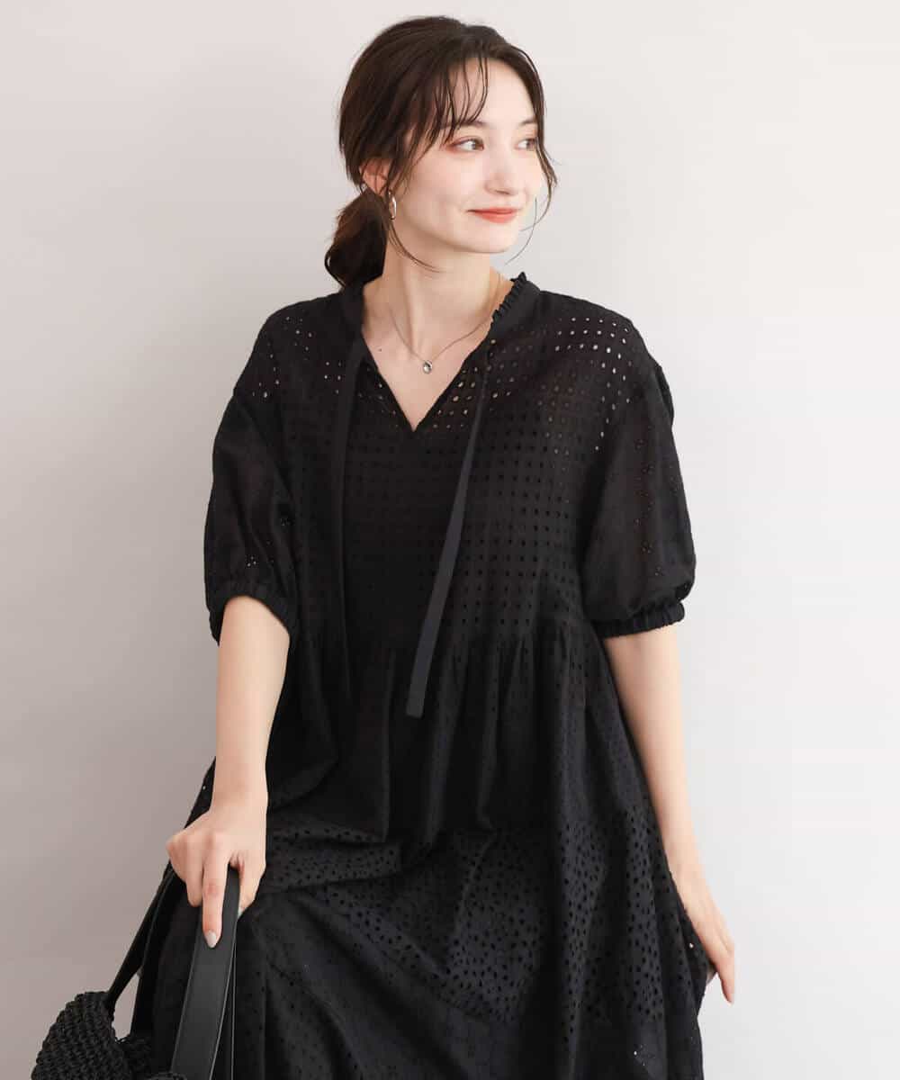 FKEJD71260 MK MICHEL KLEIN(MK ミッシェルクラン) [洗える]パッチワークコットンレースワンピース ブラック